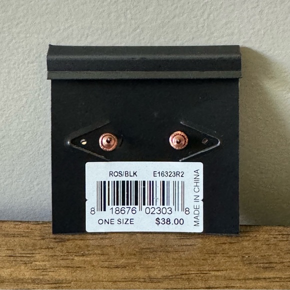 REBECCA MINKOFF EAR CLIMBER CURVED BAR EARRINGS ROSE GOLD & BLACK CRYSTALS NWT - Picture 2 of 3